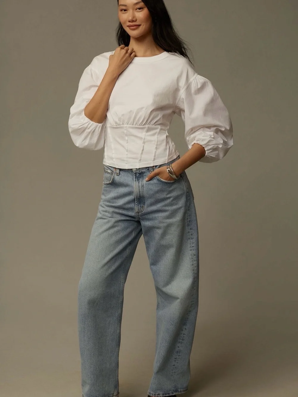 Anthropologie Balloon Sleeve White Corset-Detail Top
